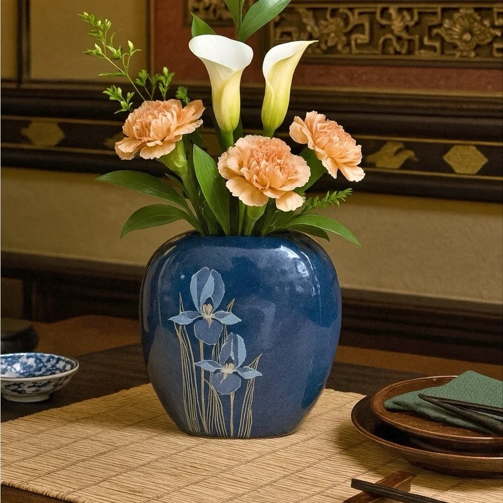 Vintage Otagiri 7” Cobalt Blue Iris Vase Japan Floral Design Ceramic 1970s 1980s